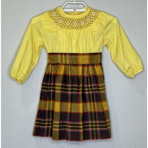 Polly Finders Hand Smocked Girls Dress Size 6X Yellow w/ Plaid Skirt Long Sleeve